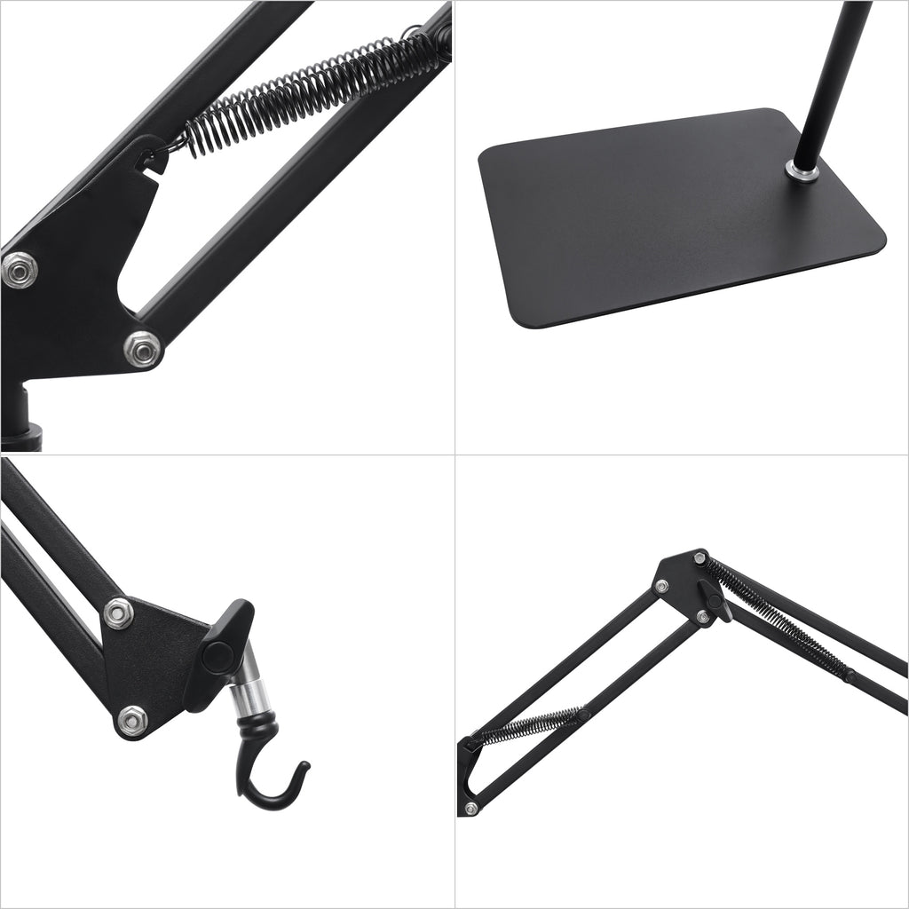 Support de lampe sur pied noir, bras à ressorts et crochet pivotant