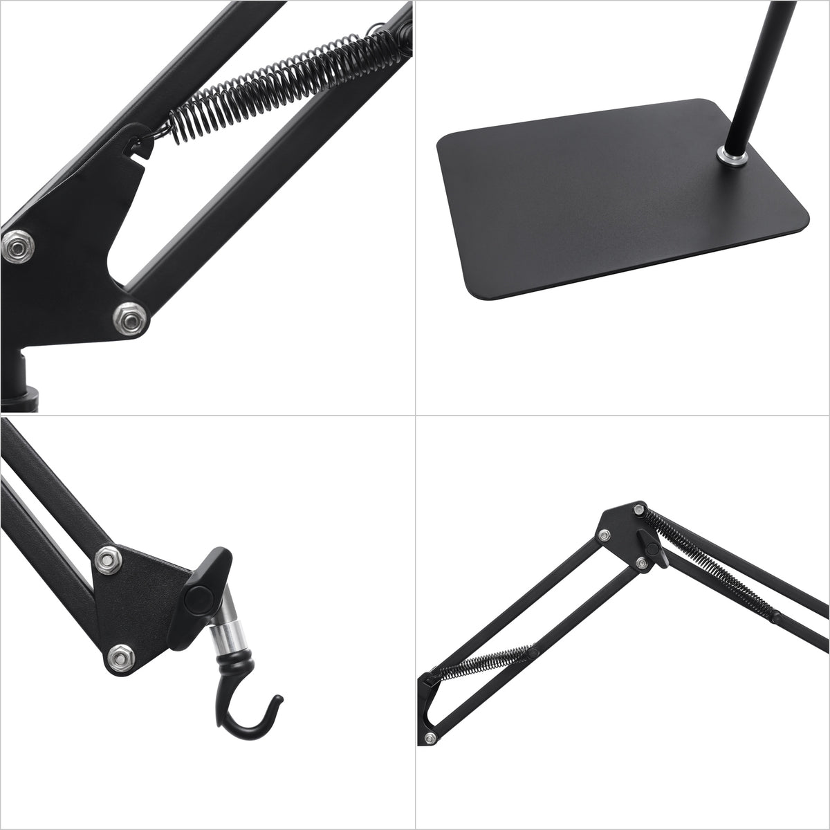 Support de lampe sur pied noir, bras à ressorts et crochet pivotant
