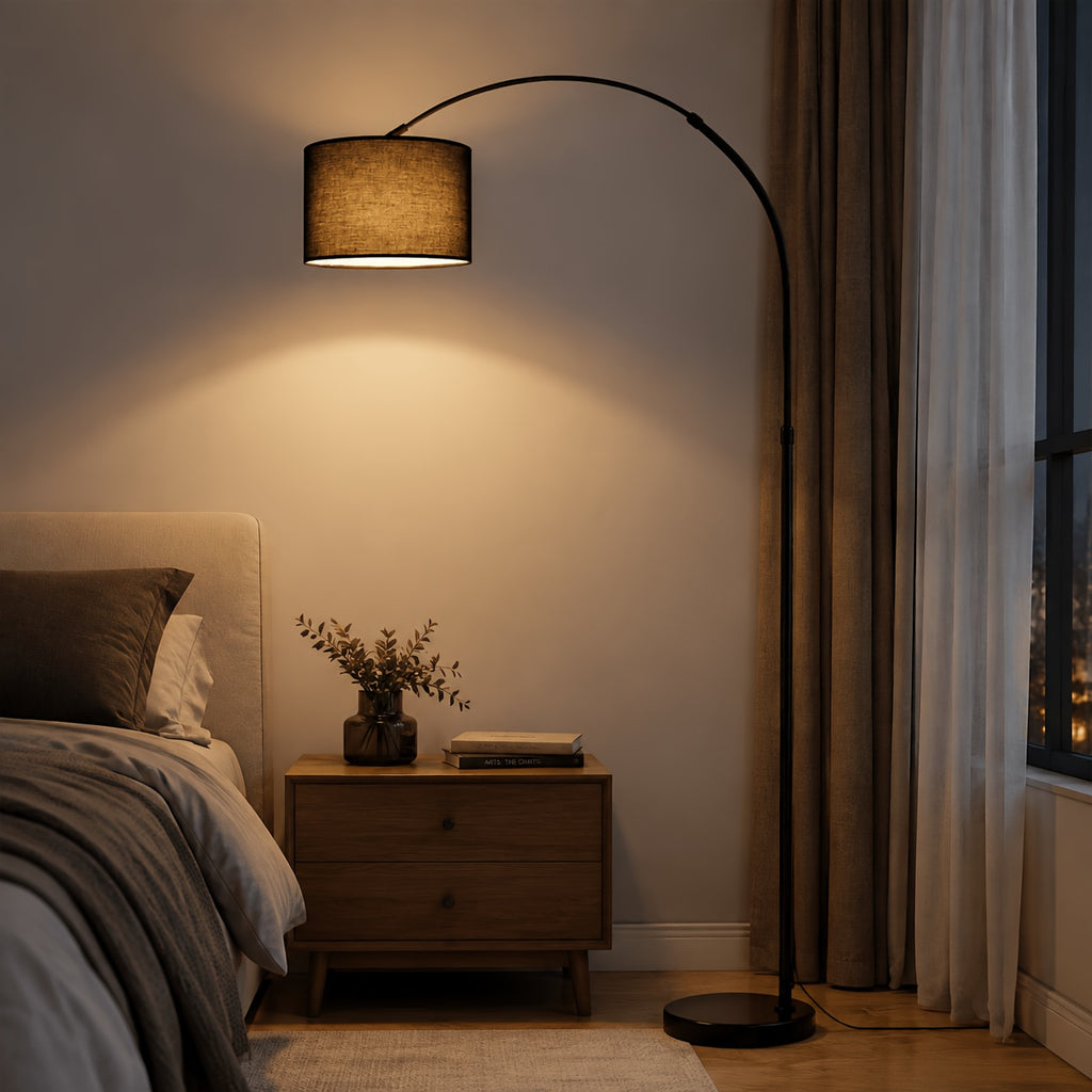 Lampadaire arc pour coin lecture, abat-jour tambour noir Ø 30