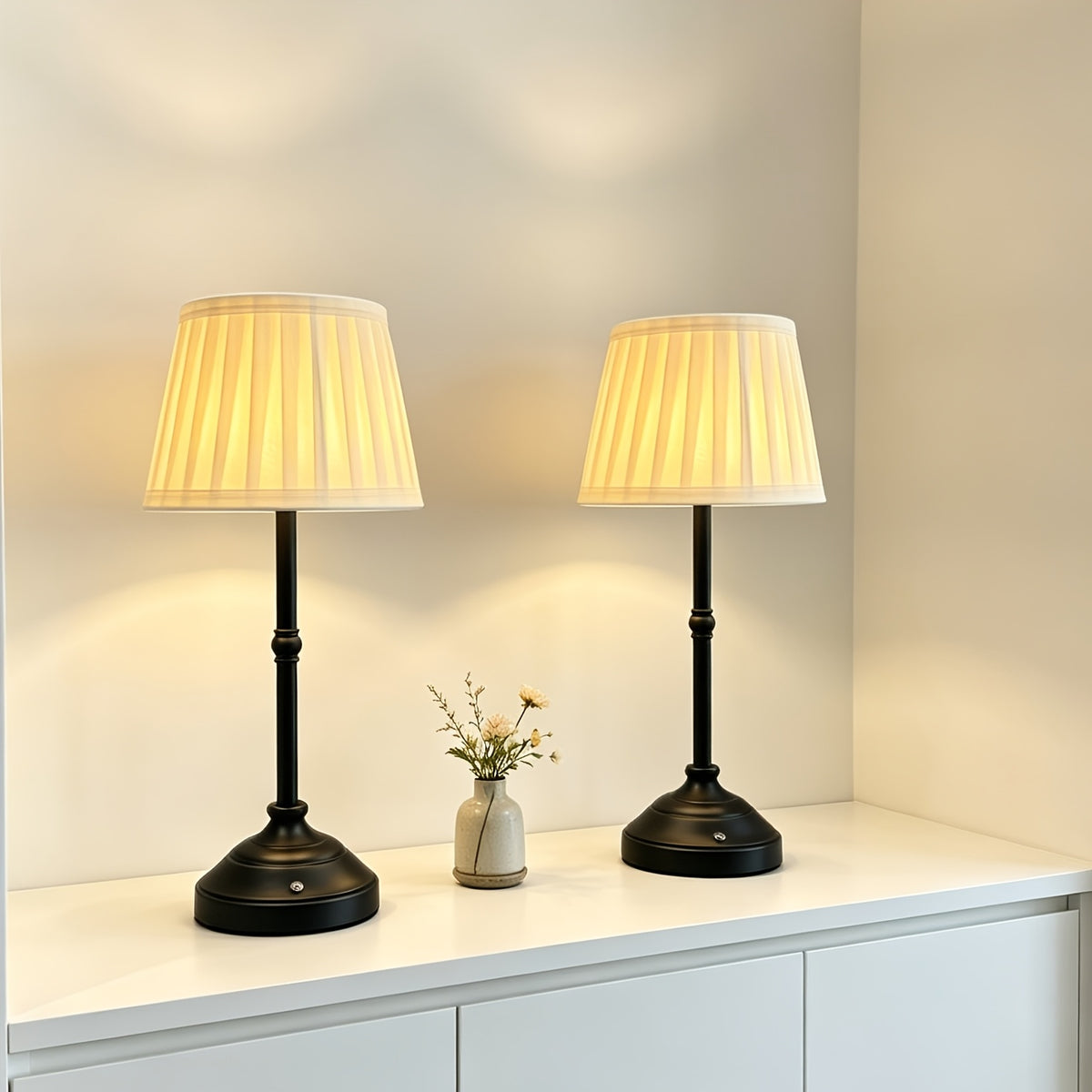 Lot de 2 lampes de chevet sans fil, abat-jour plissé crème