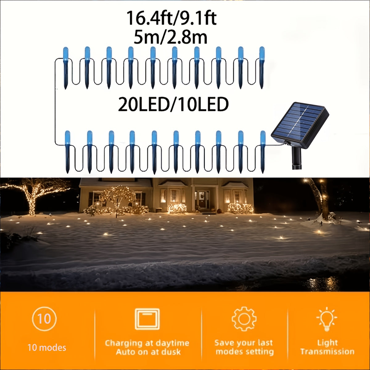 Guirlande solaire 20 colonnes givrées, blanc froid, 10 modes