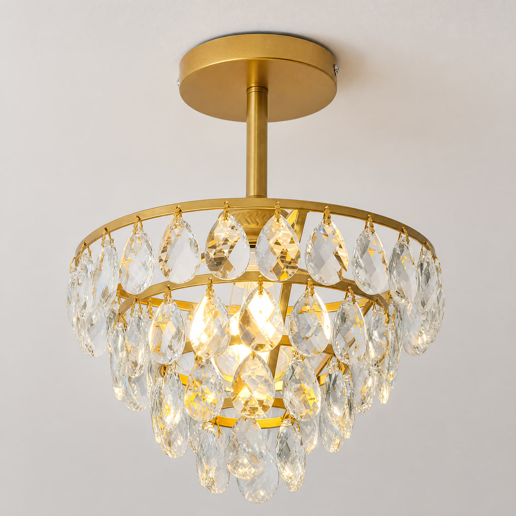 Lustre de cristal sur tige courte, doré ou noir, Ø 24,8 cm