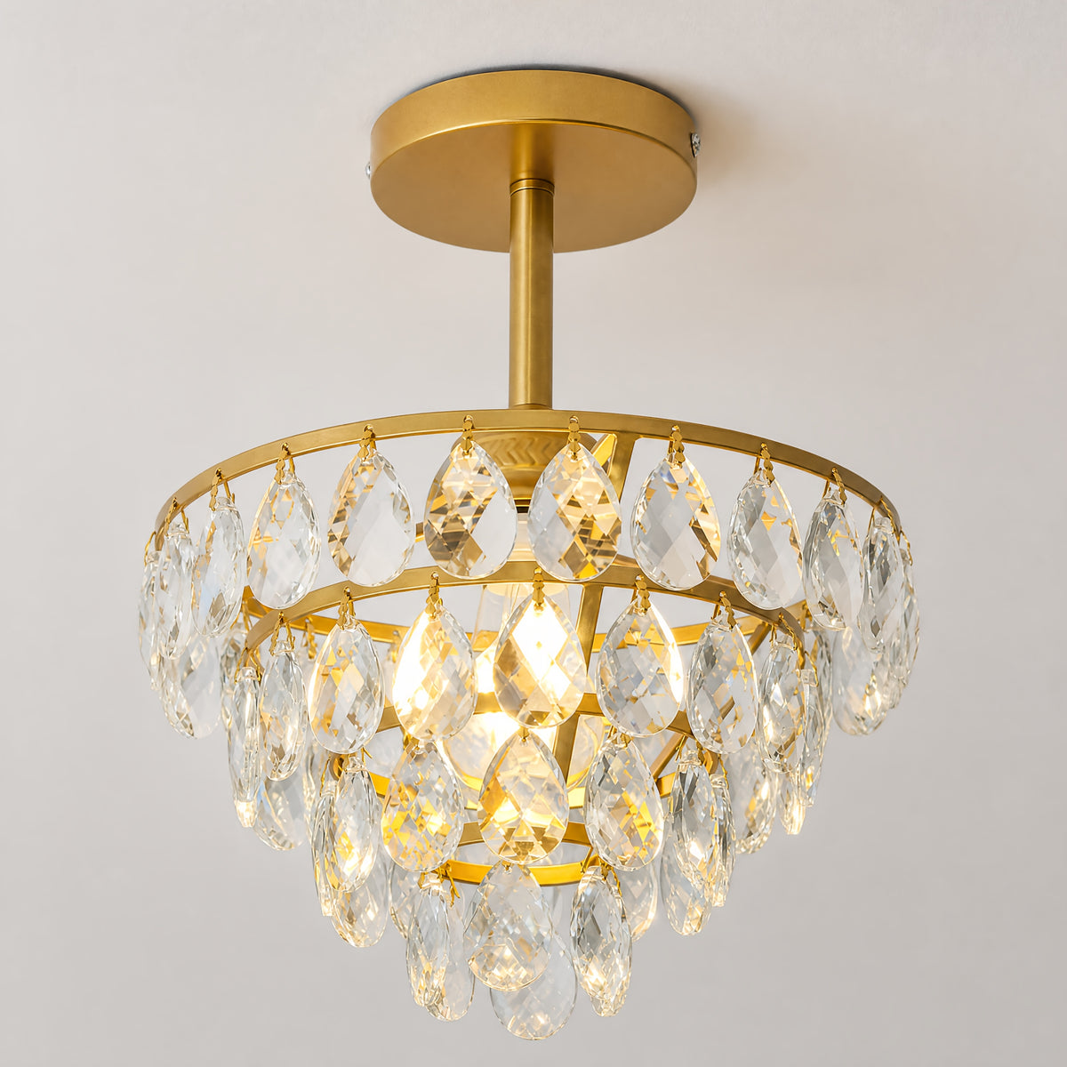 Lustre de cristal sur tige courte, doré ou noir, Ø 24,8 cm