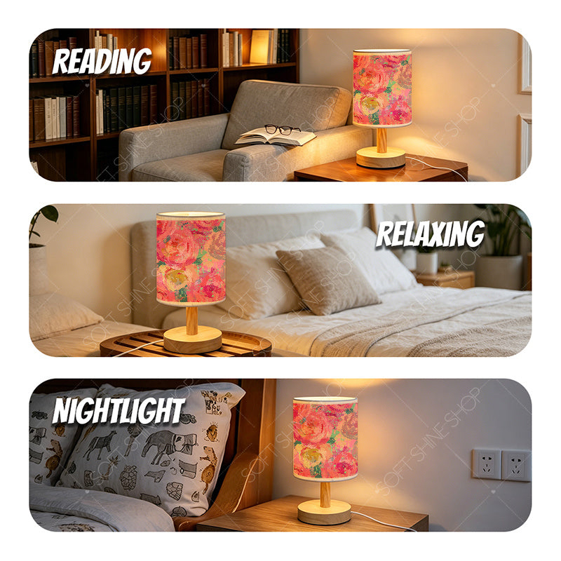 Lampe de chevet à roses peintes façon gouache, abat-jour tissu USB