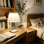 Lampe de table solaire abat-jour blanc et pied argenté, IP44