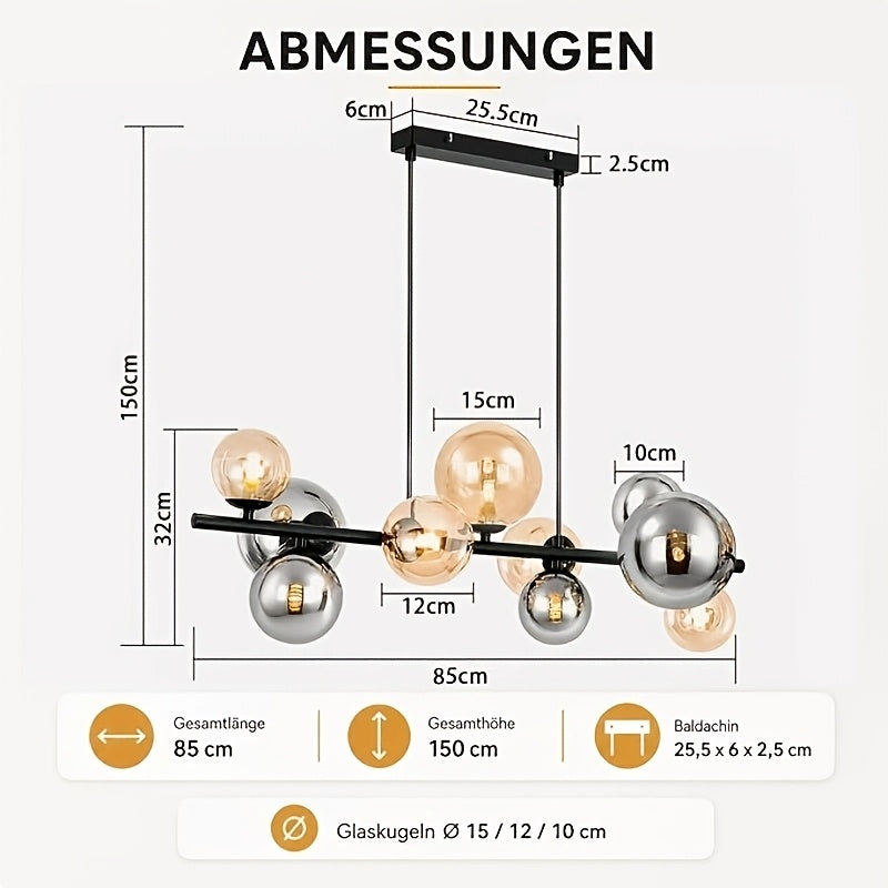 Lustre linéaire à 10 globes en verre ambré et fumé, 85 cm, G9