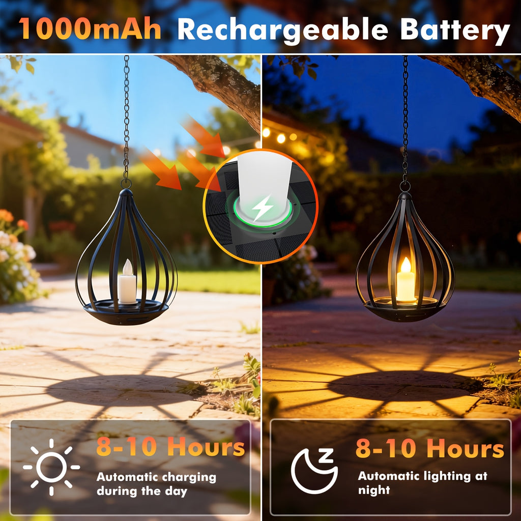 Lanterne solaire goutte en métal noir, bougie LED vacillante, IP65