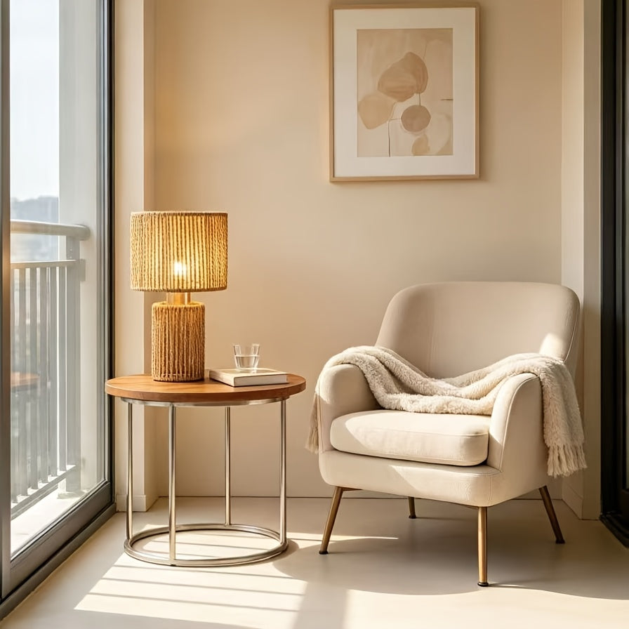 Lampe de chevet en corde tressée naturelle, abat-jour tambour 18 cm