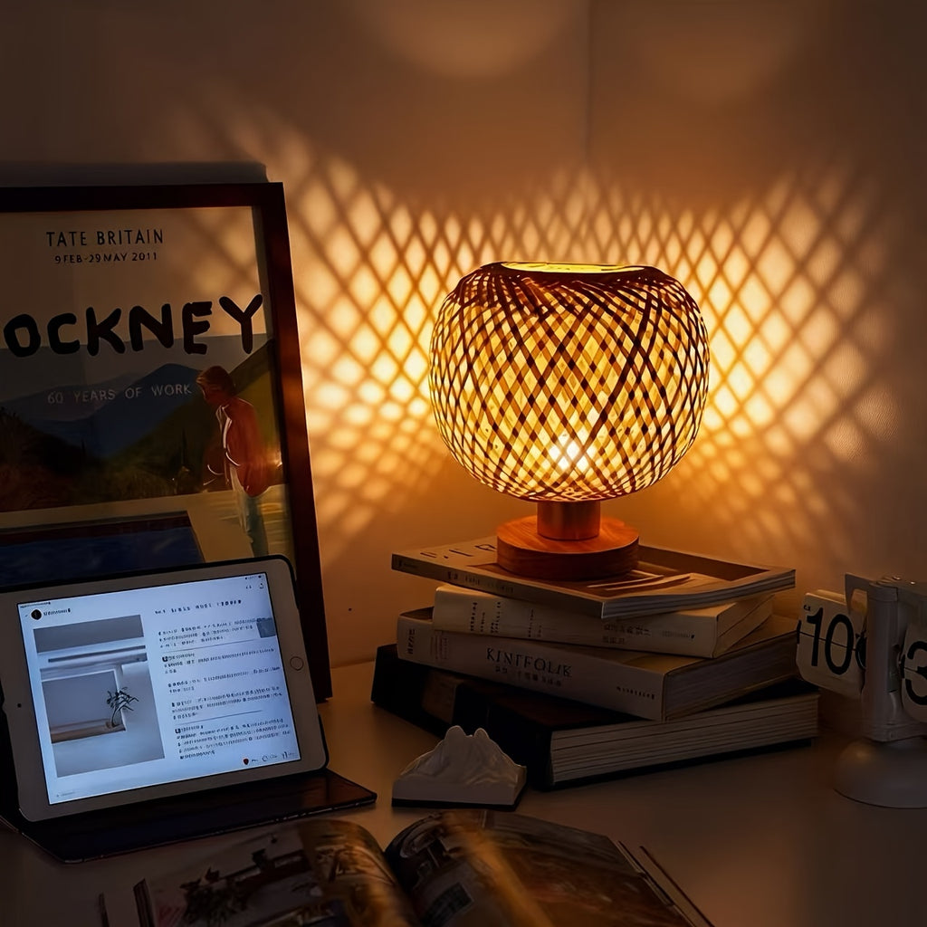 Lampe de chevet boule en bambou tressé croisé, 22 cm, câble USB