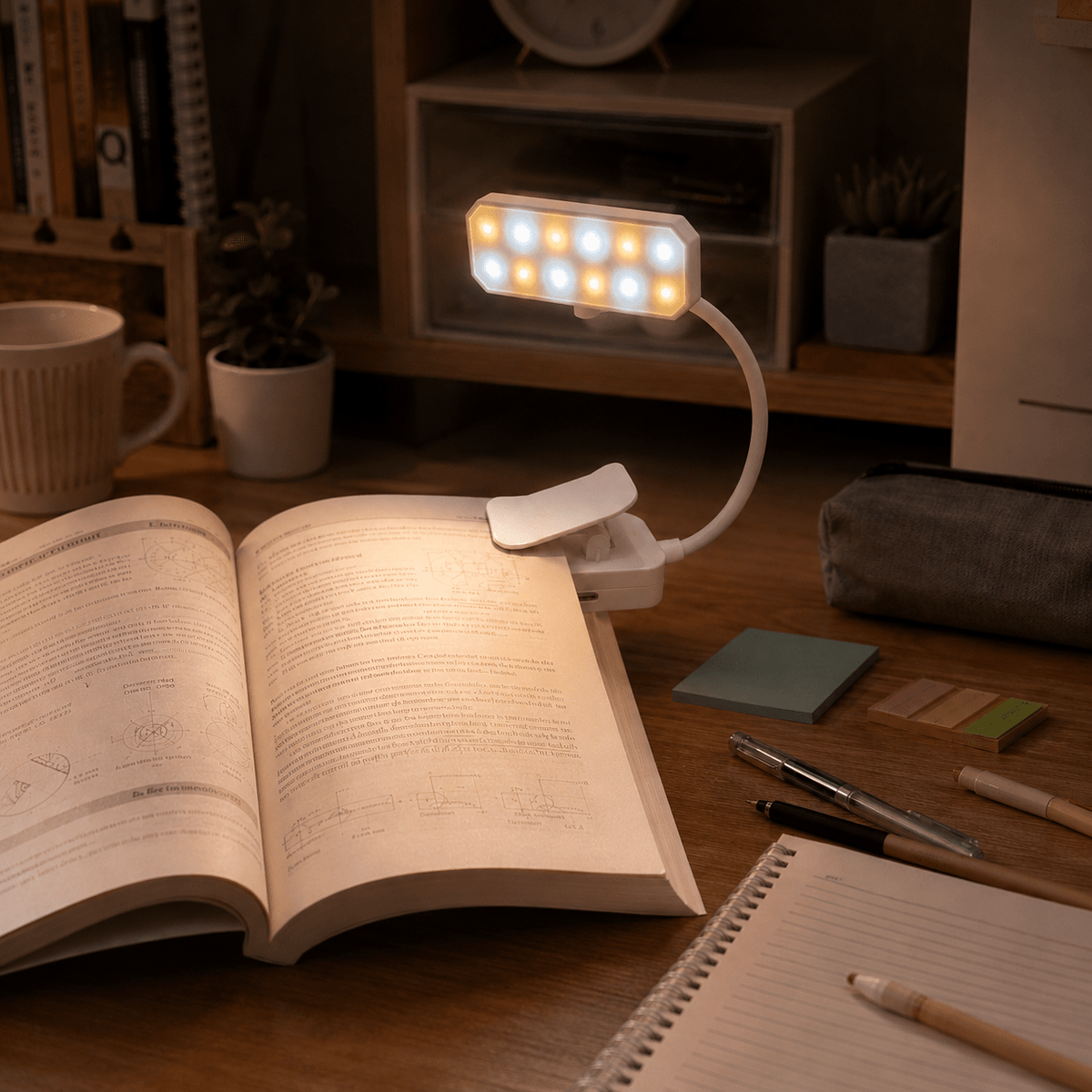 Lampe de lecture à pince blanche, col flexible 14 cm, USB-C