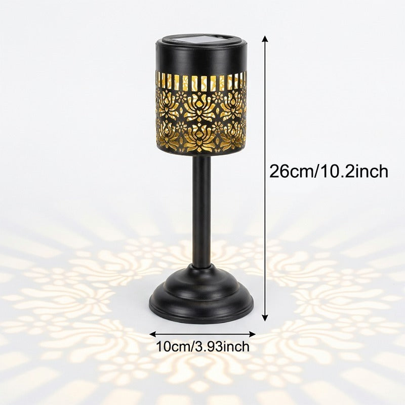 Lampe de table solaire pivoine en métal noir, projection colorée