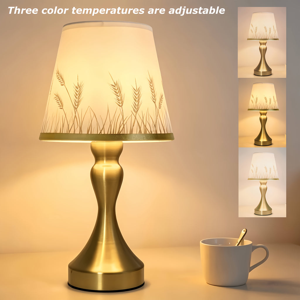 Lampe de chevet pied doré galbé, abat-jour imprimé épis de blé