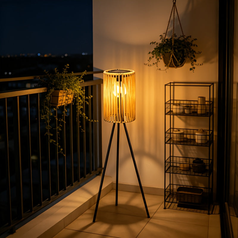 Lampadaire solaire d'extérieur sur trépied, lanterne tressée 78 cm