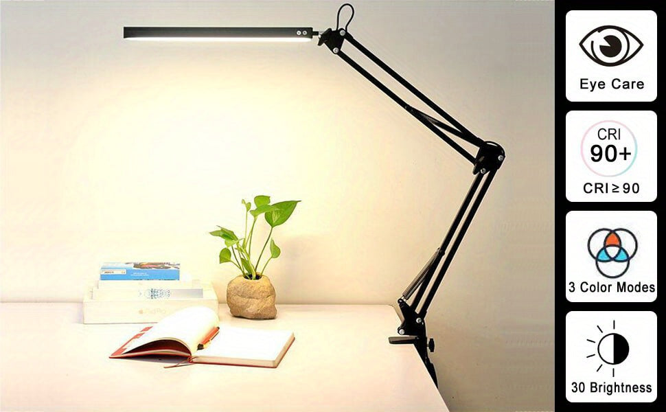Lampe de bureau LED à pince, bras articulé noir et barre de 33 cm