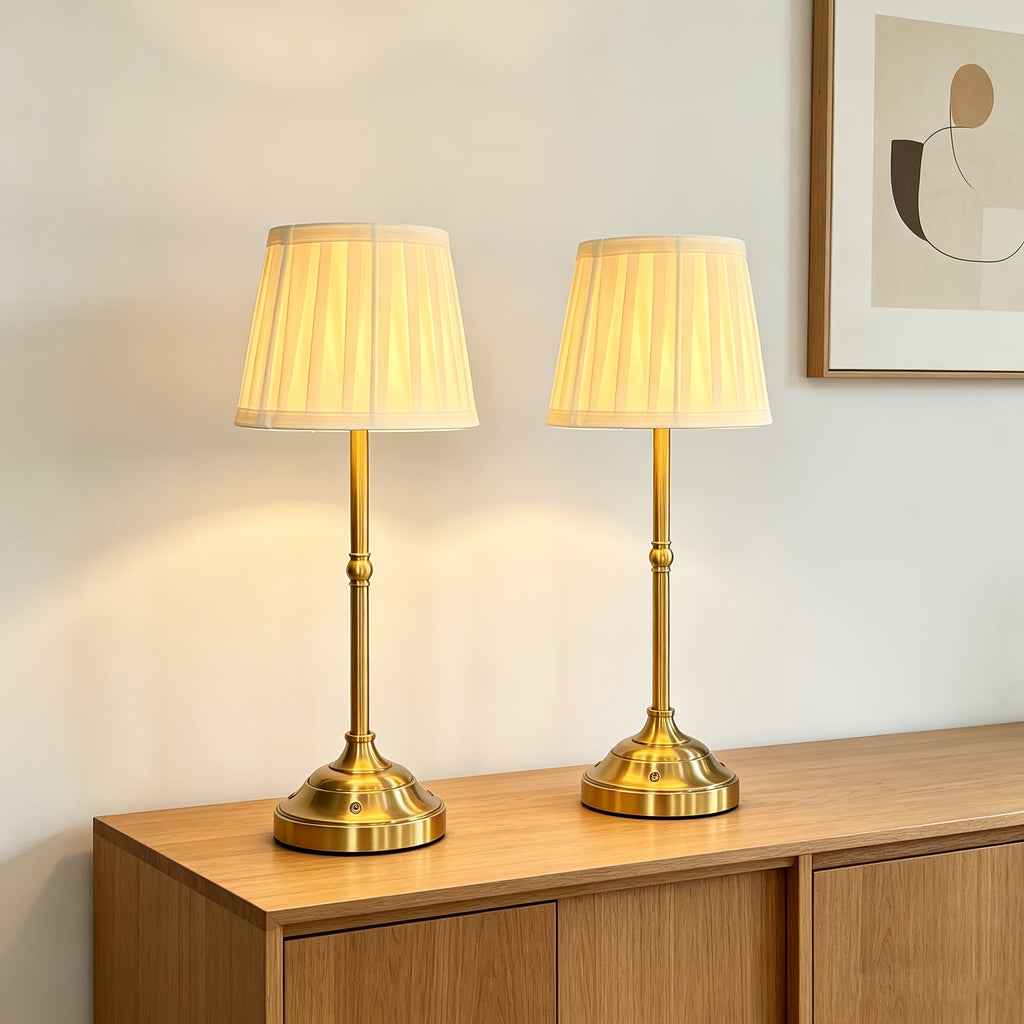 Lot de 2 lampes de chevet sans fil, abat-jour plissé crème
