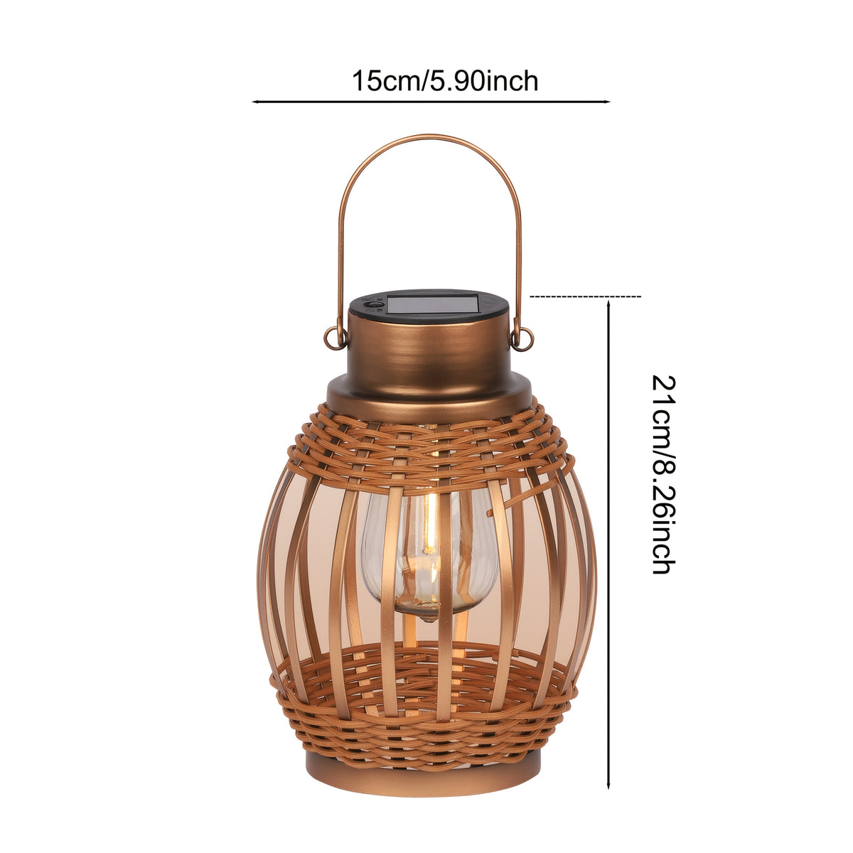 Lanterne solaire bohème tressée, ampoule filament et métal cuivré