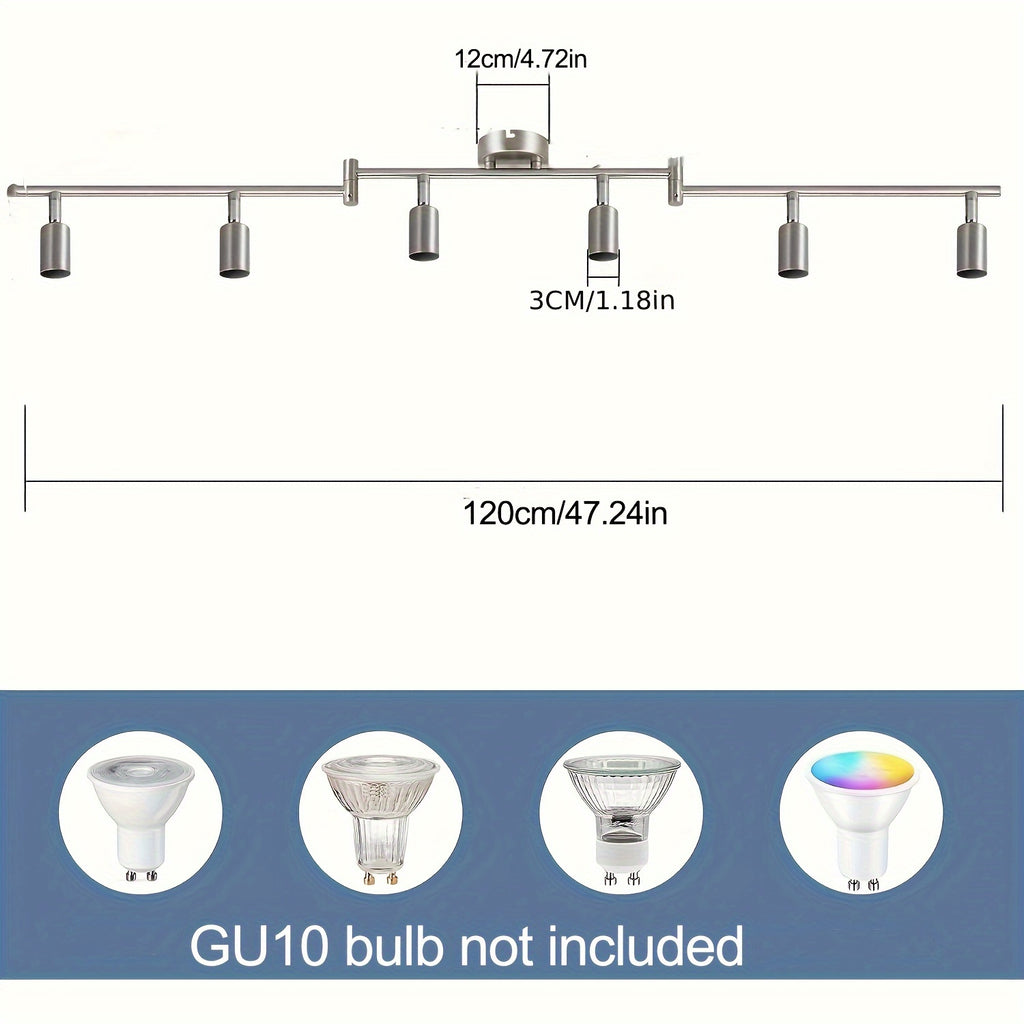 Plafonnier 6 spots GU10 argenté sur bras articulés, 120 cm de long