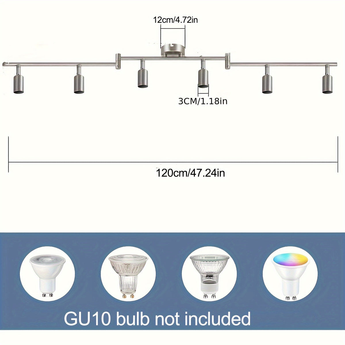 Plafonnier 6 spots GU10 argenté sur bras articulés, 120 cm de long