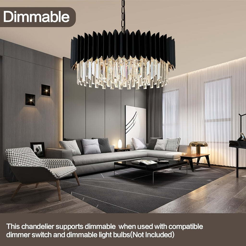 Lustre tambour noir et cristal K9, Ø 50 cm, douilles E14