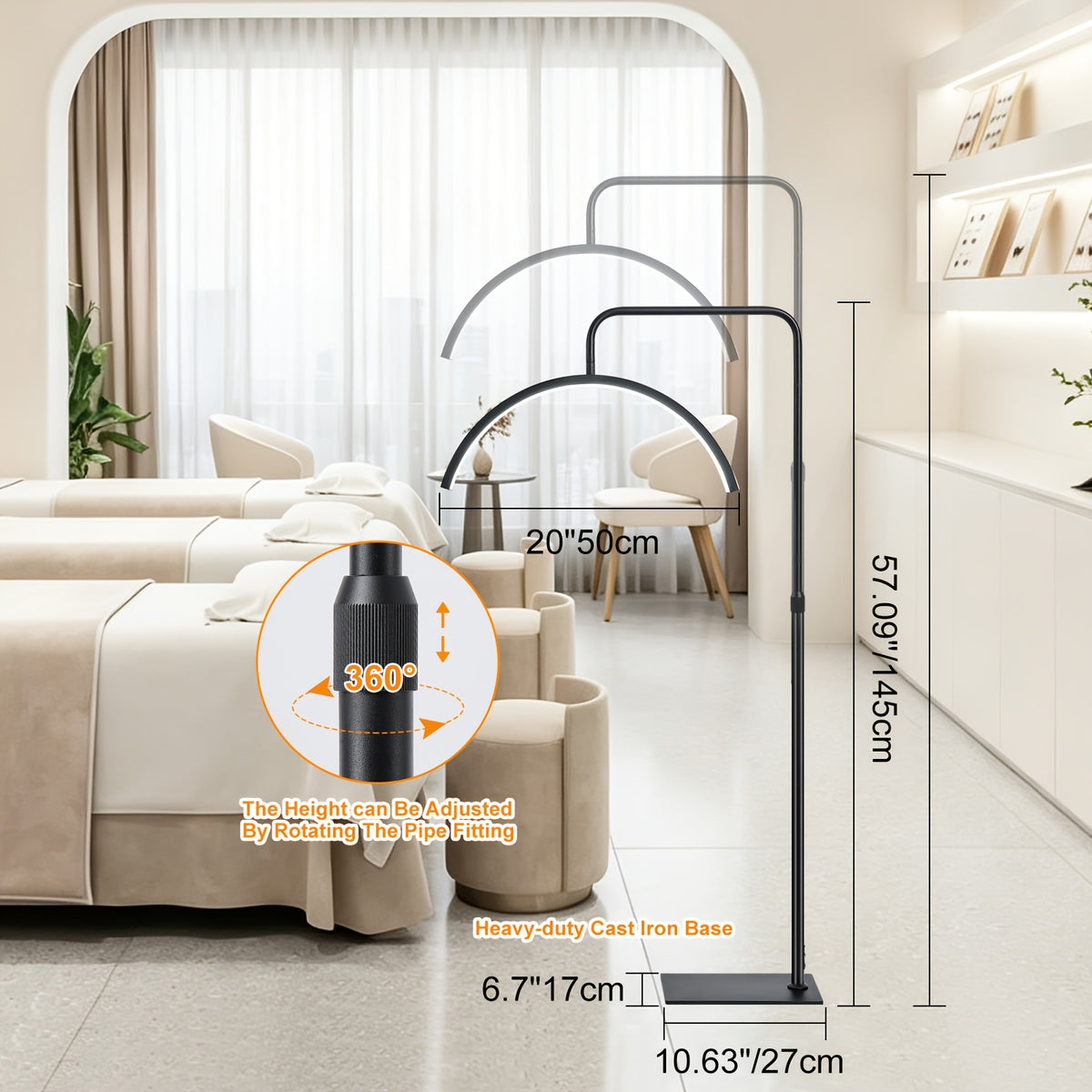 Lampadaire LED demi-lune pivotant, 3 teintes, blanc ou noir