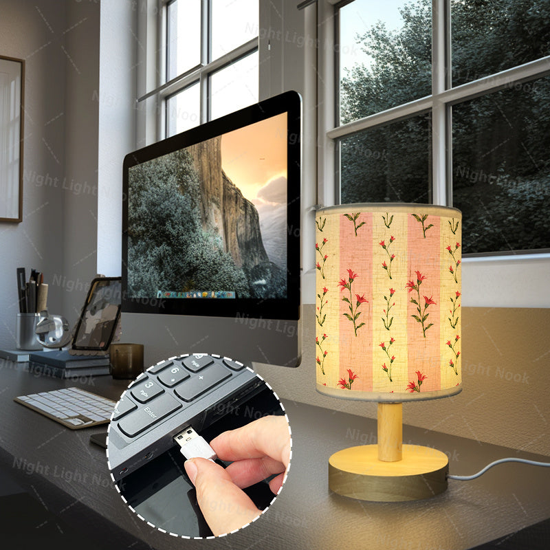 Lampe de chevet à rayures roses et brins fleuris, tissu et USB