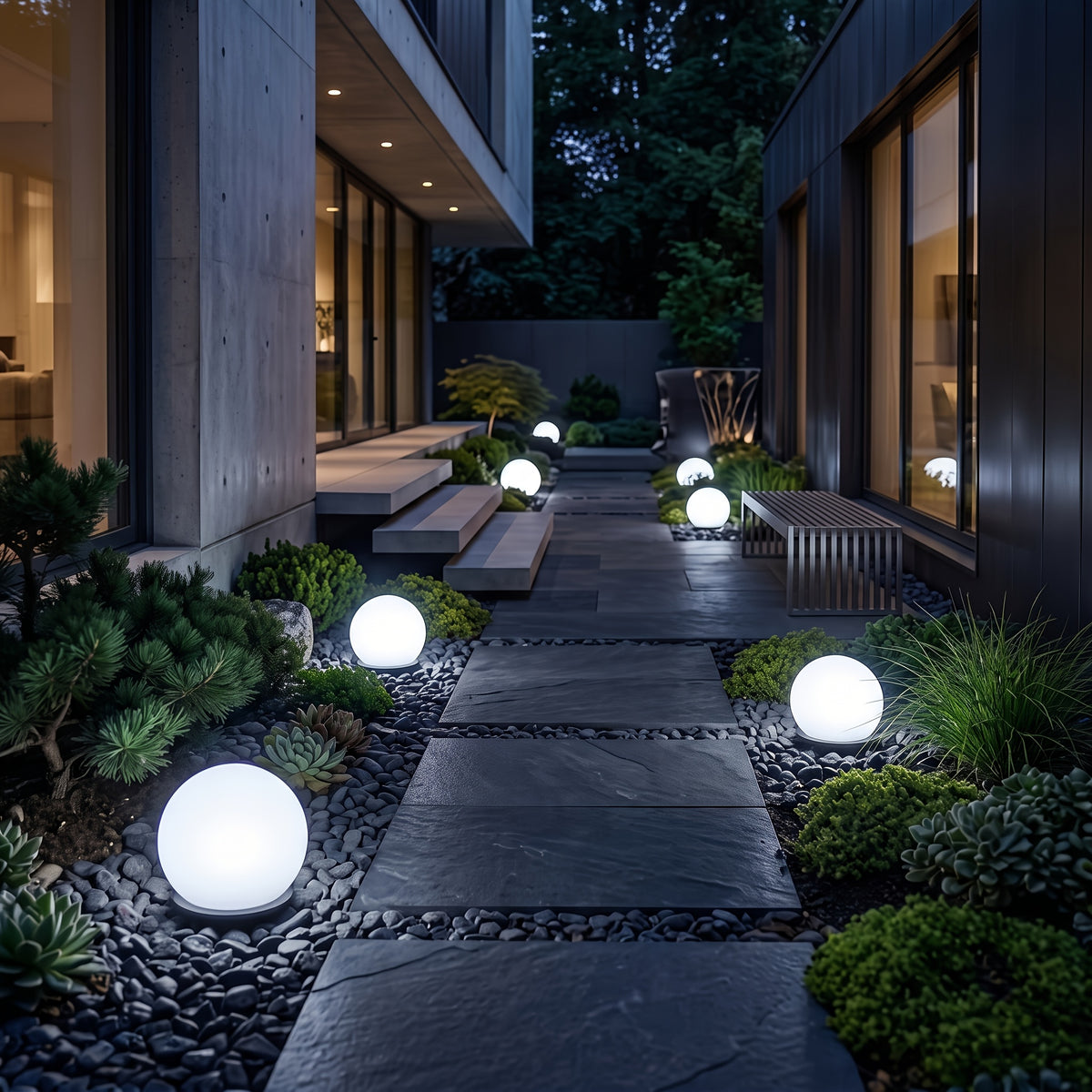Boules lumineuses solaires blanches pour un jardin contemporain