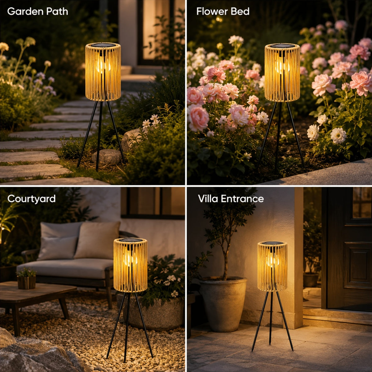 Lampadaire solaire d'extérieur sur trépied, lanterne tressée 78 cm