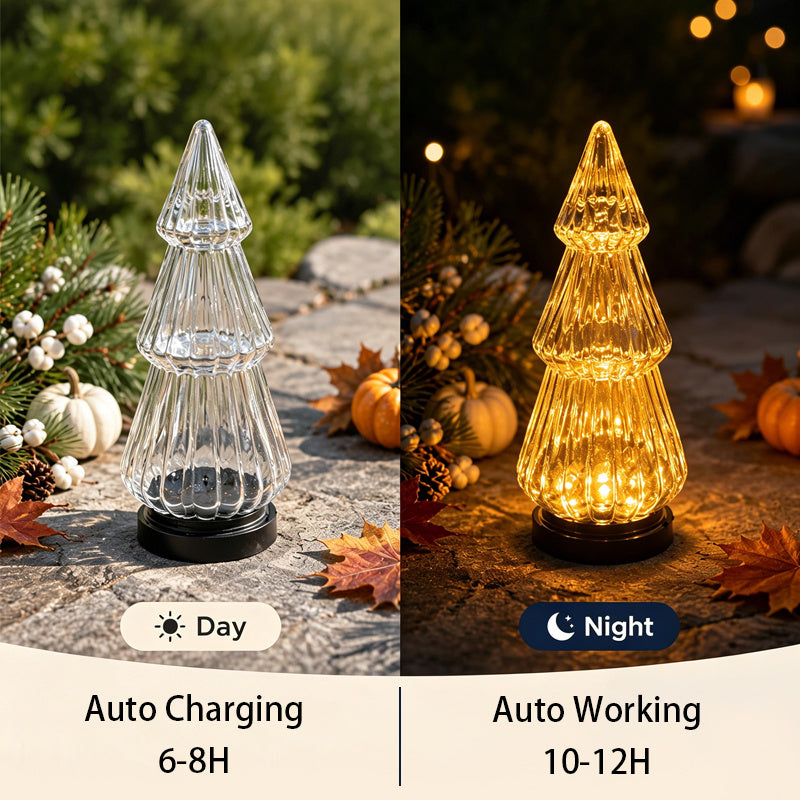 Lampe décorative solaire sapin effet verre strié, 24 cm