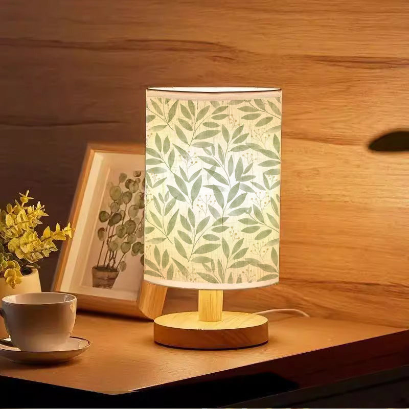 Lampe de chevet en tissu à feuillage vert, socle effet bois
