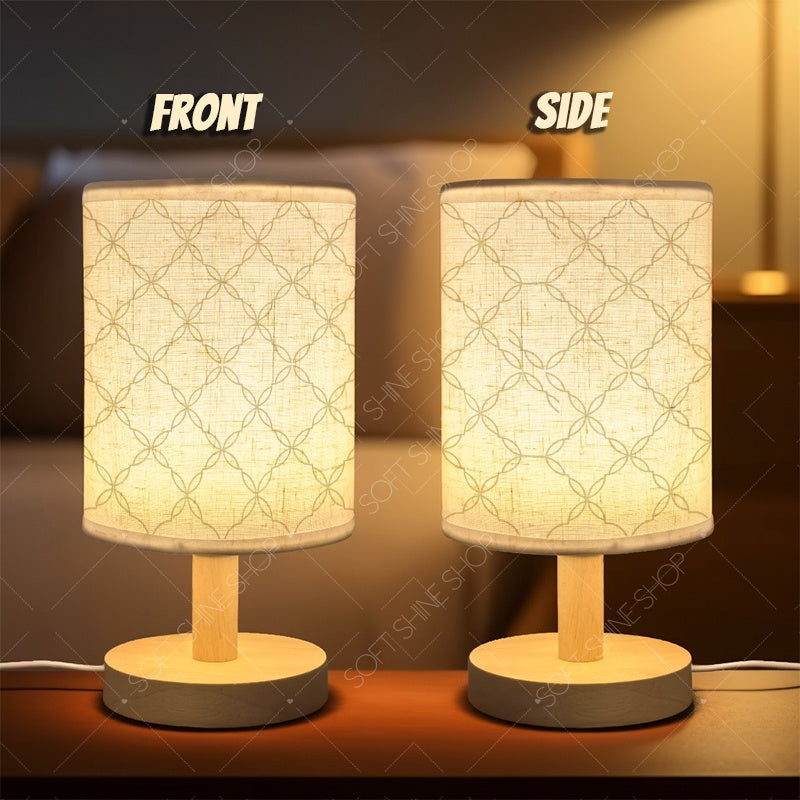 Lampe de table en tissu à motif géométrique, socle effet bois