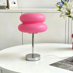 Lampe à poser rose en forme de macaron, pied chromé, 30 cm