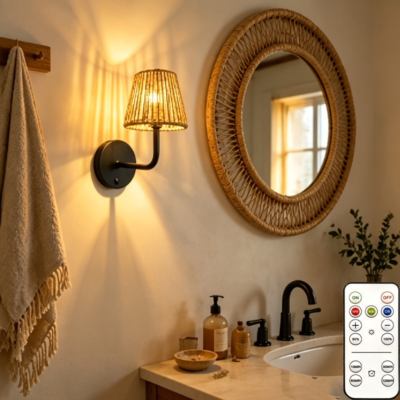 Lot de 2 appliques sans fil rechargeables, abat-jour tressé