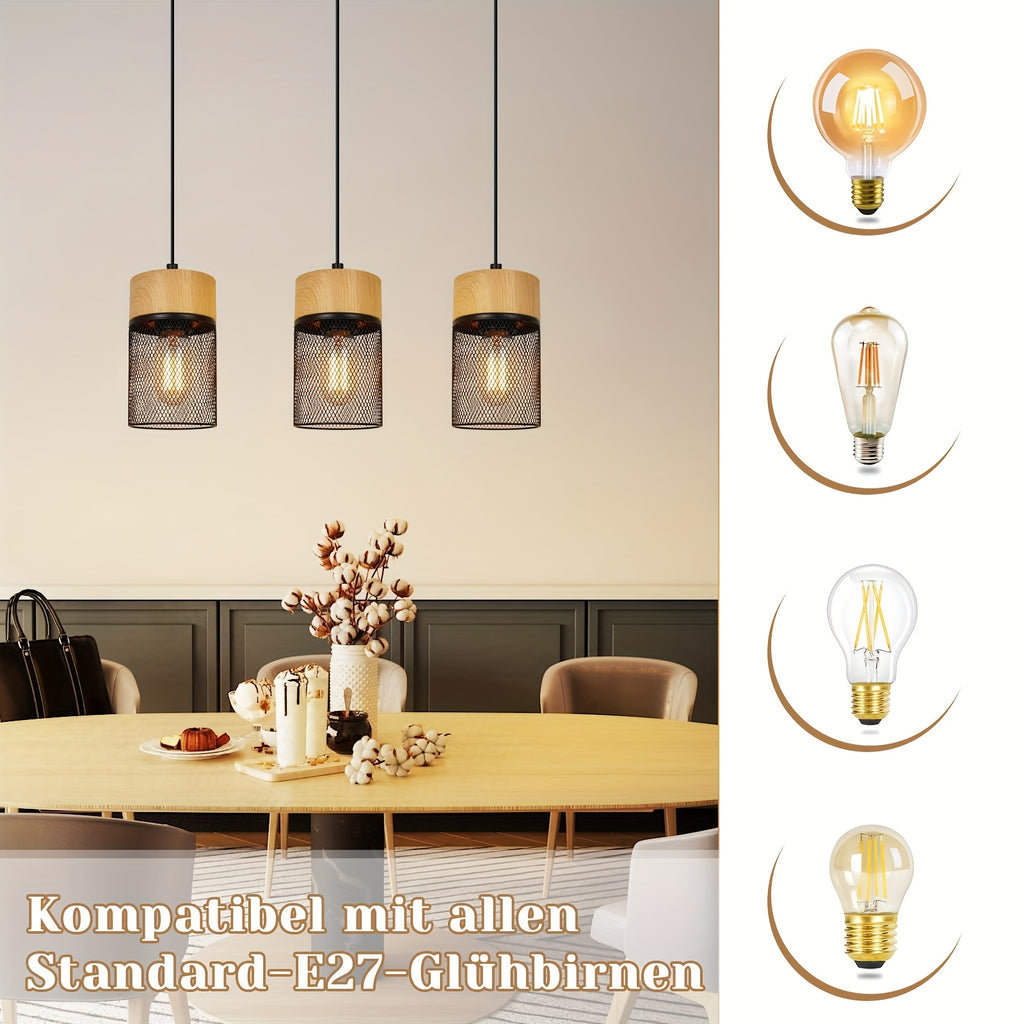 Suspension 3 cylindres grillagés effet bois, douille E27