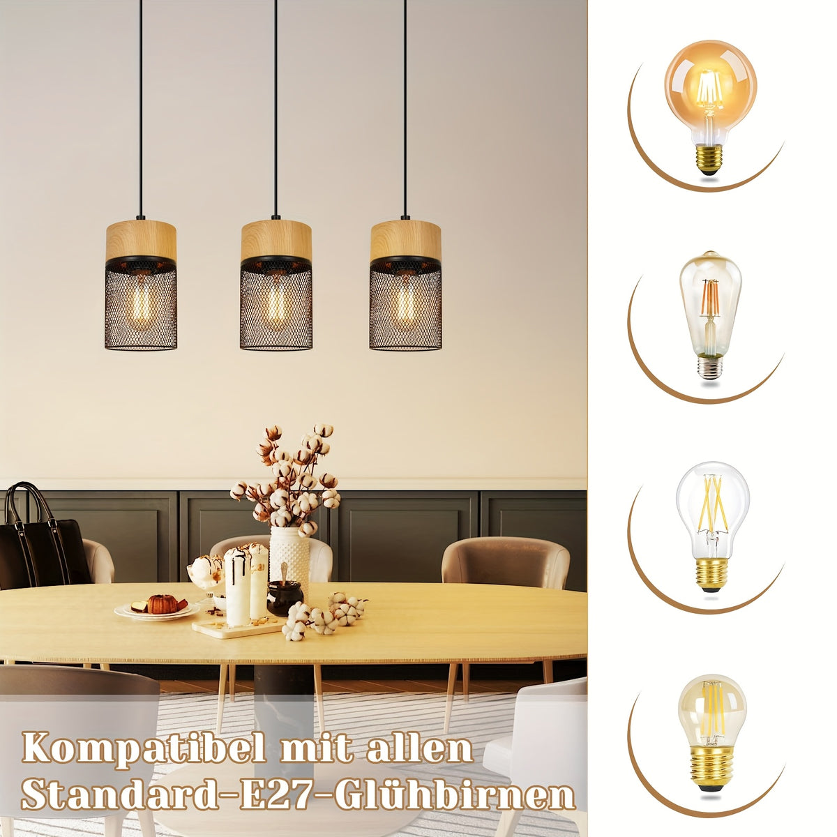Suspension 3 cylindres grillagés effet bois, douille E27