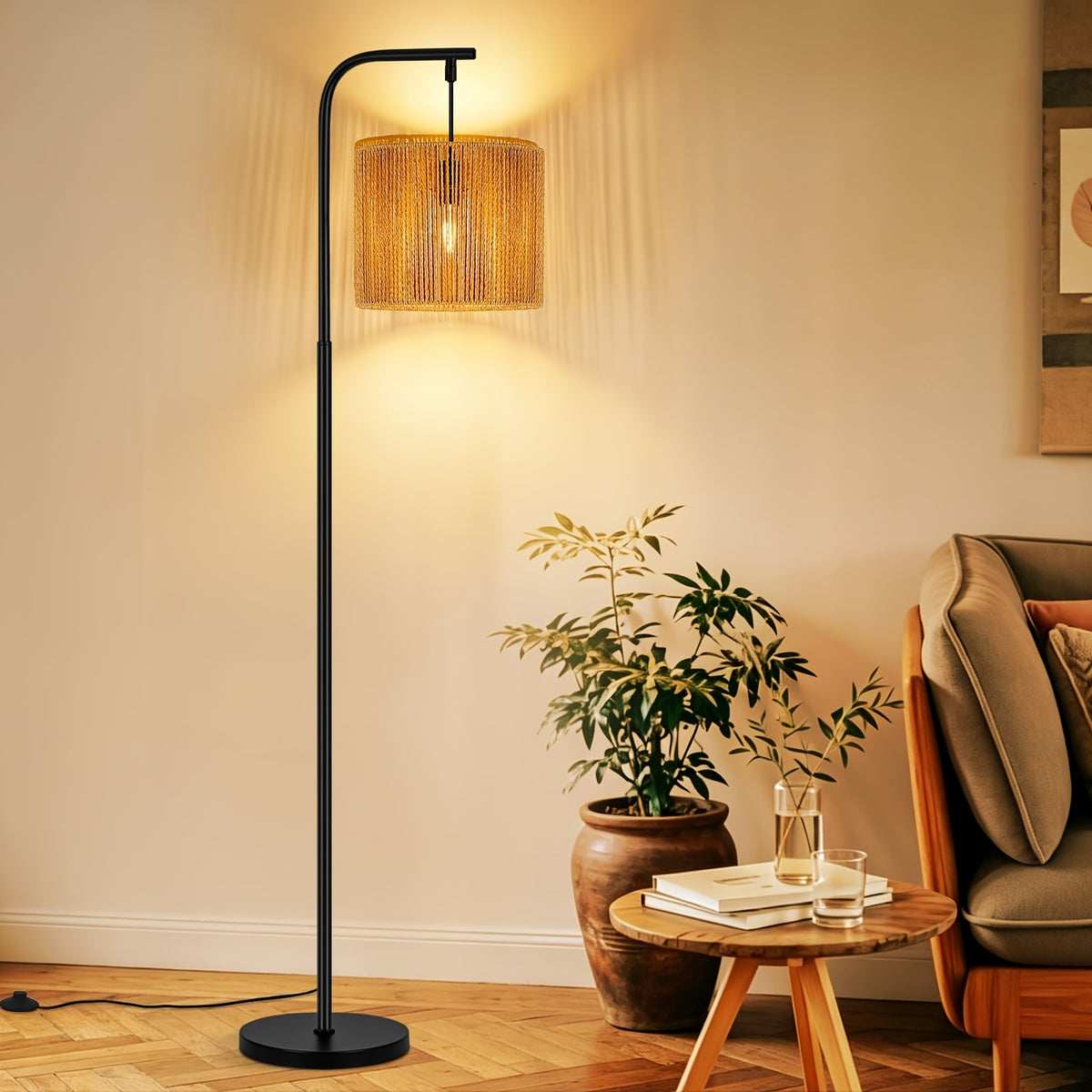 Lampadaire en papier tressé, abat-jour cylindre sur crosse noire