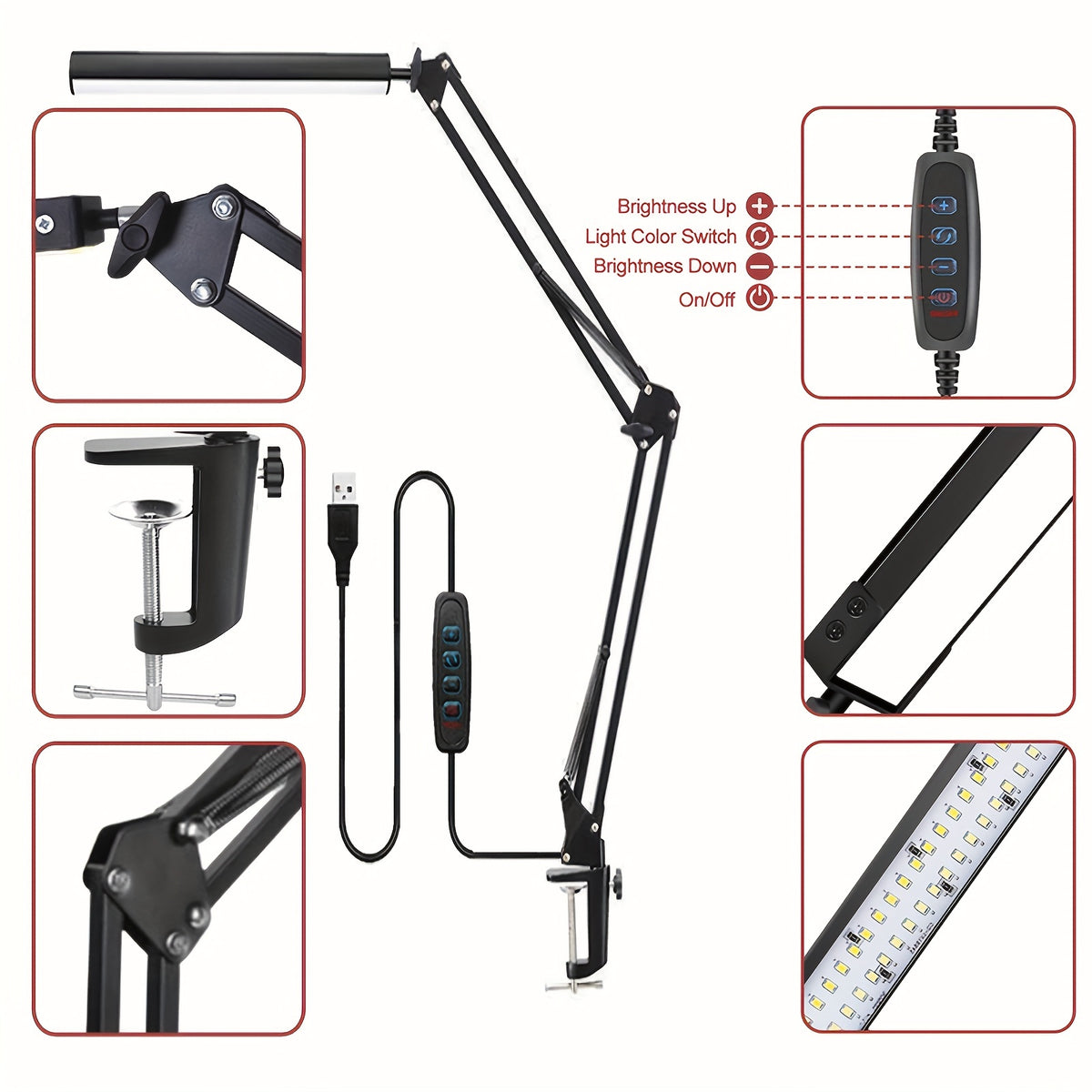 Lampe de bureau LED à pince, bras articulé noir et barre de 33 cm