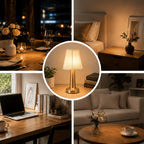 Lampe de table sans fil à abat-jour plissé blanc, pied doré ou argenté