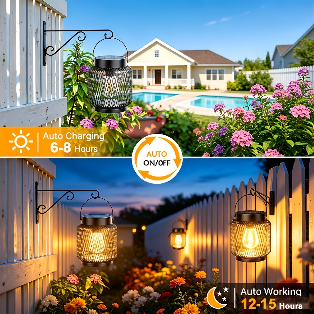 Lanterne solaire en grillage métallique noir, ampoule Edison 2700K