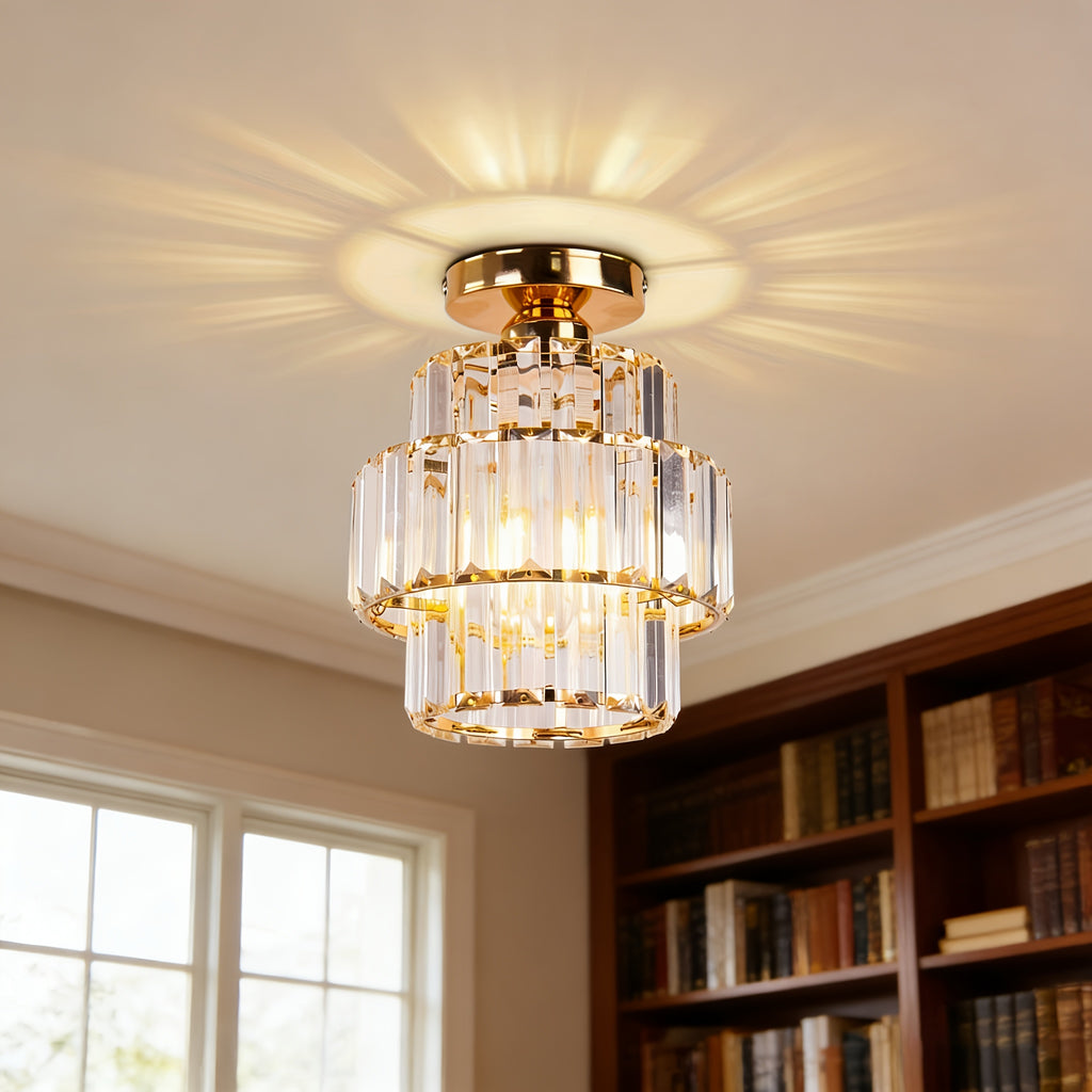 Petit lustre en cristal doré à prismes étagés, Ø 17 cm, E27