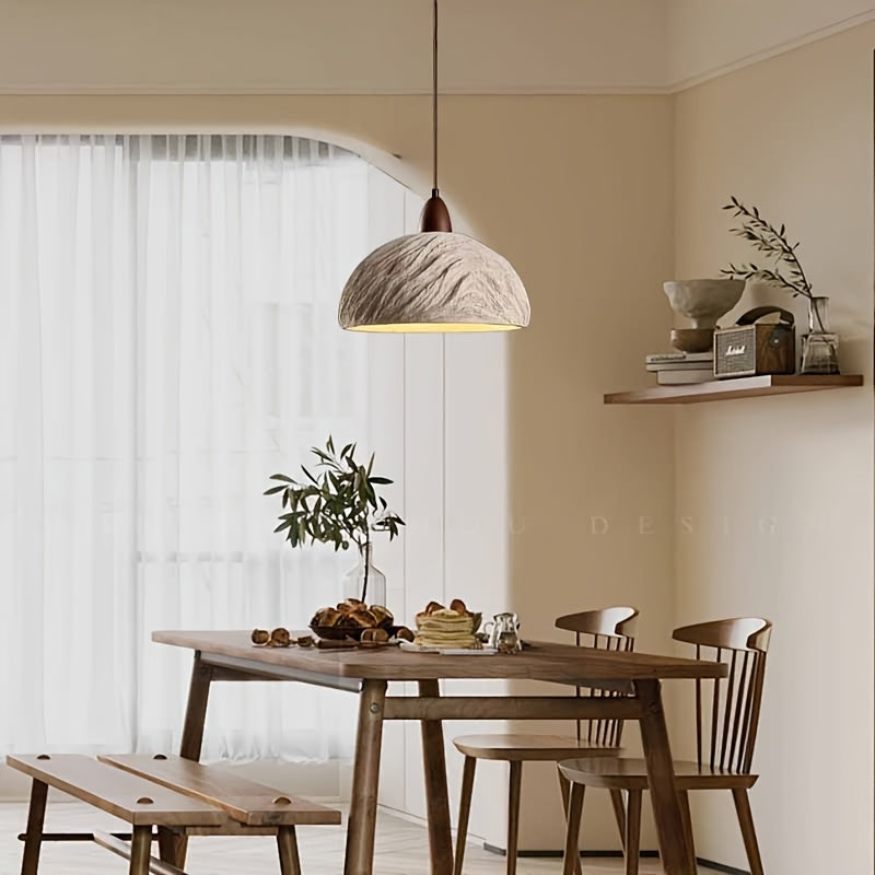 Suspension dôme effet ciment texturé et bois, Ø 28 cm, E27