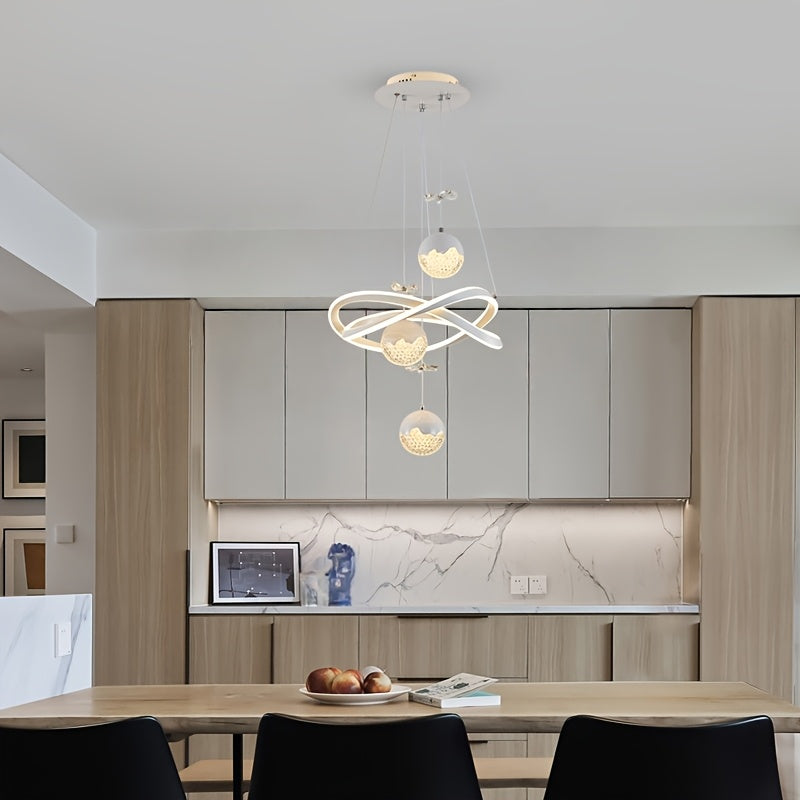 Lustre LED blanc à anneaux entrelacés et globes perlés, trois teintes