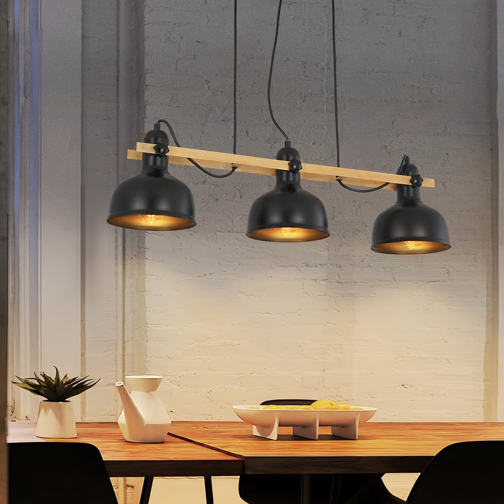 Suspension 3 coupoles noires sur barre effet bois de 78 cm, E27