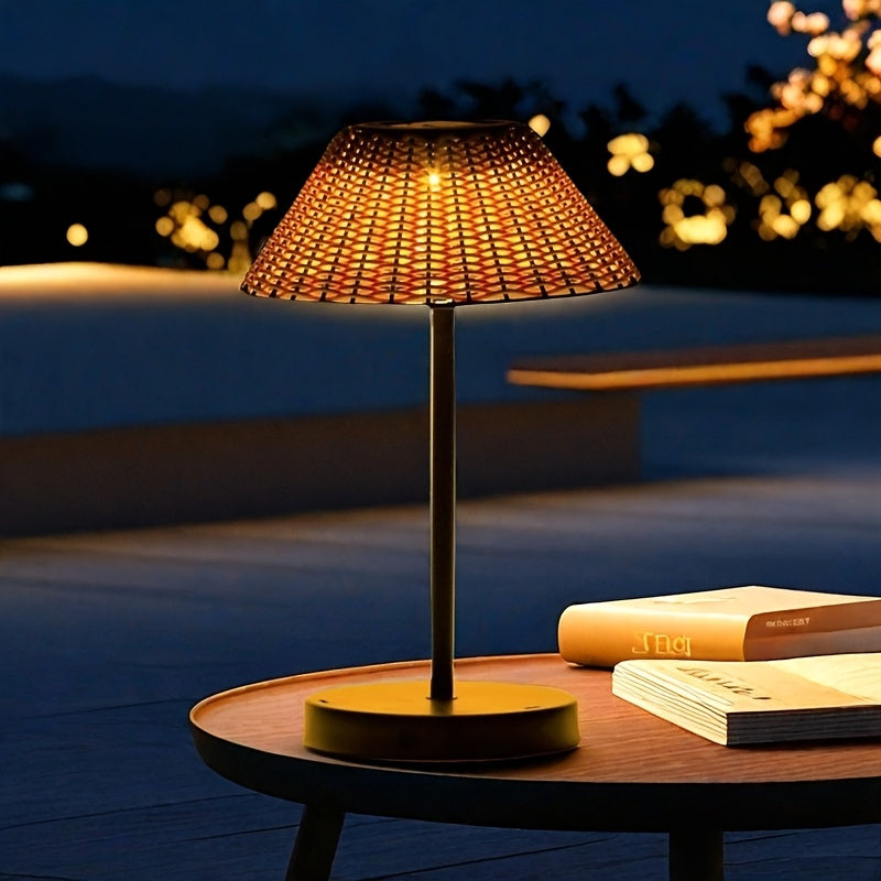 Lampe de table solaire à abat-jour tressé effet rotin, 31,5 cm