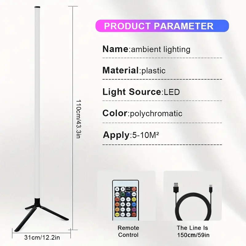 Lampadaire trépied LED RVB avec télécommande, colonne de 110 cm
