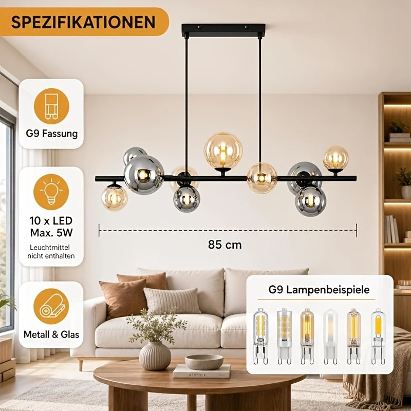 Lustre linéaire à 10 globes en verre ambré et fumé, 85 cm, G9