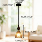Petite suspension en verre ambré côtelé et coiffe bois foncé, Ø 13 cm