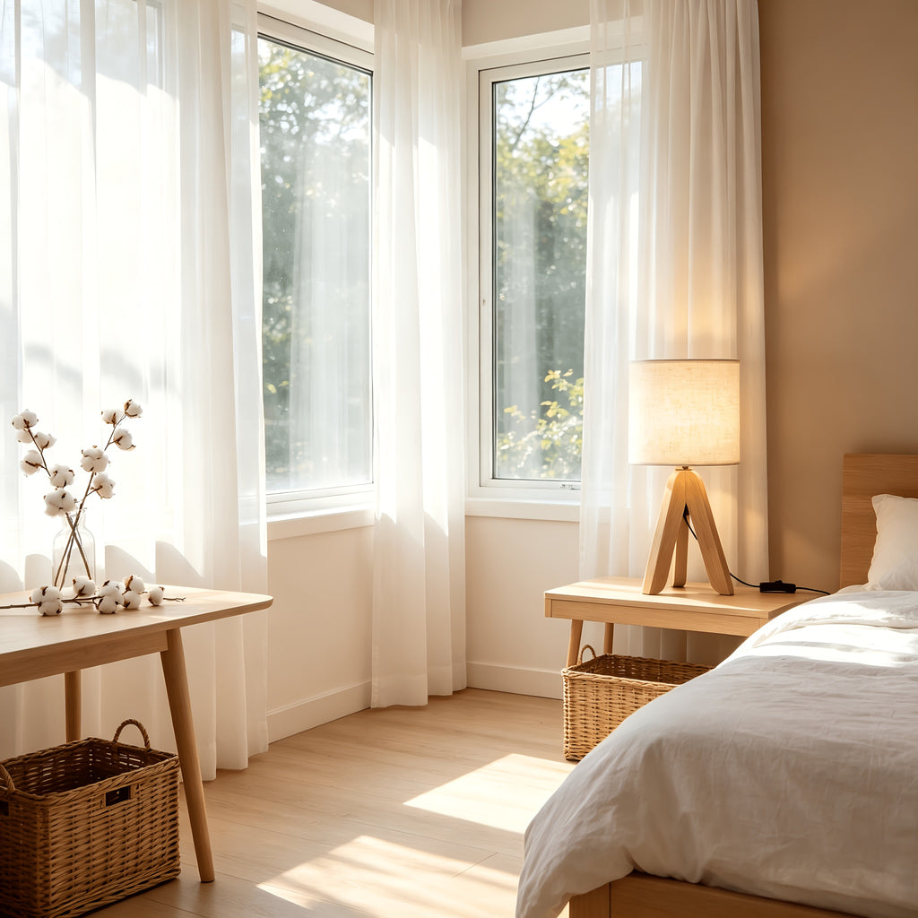 Lampe de chevet trépied en bois et abat-jour tissu, ampoule fournie