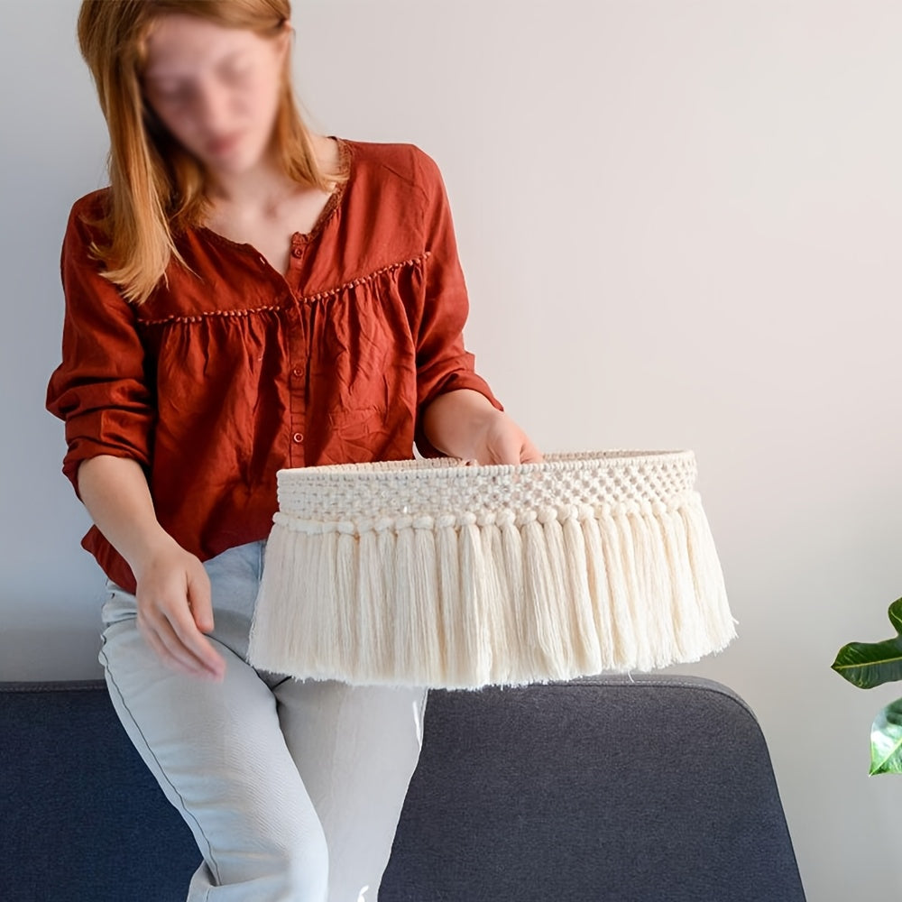 Abat-jour suspendu en macramé à franges, bohème, Ø 30 x H 20 cm