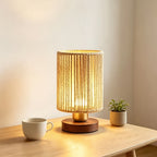 Petite lampe de chevet à cordelette tressée ajourée, socle en bois