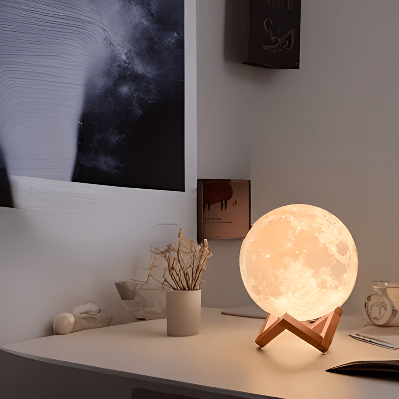 Lampe lune 3D de 10 cm sur support en bois, veilleuse à piles